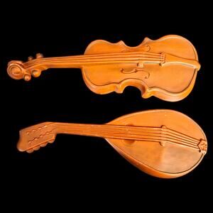 Vintage Royal Violin & Mandolin Wall Plaques Pair Faux Wood Mid Century Decor